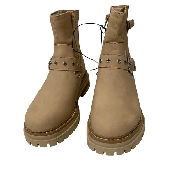 Time and Tru Moto Ankle Boots Womens 6.5 Beige Buckles Grunge Chunky Stompers - Picture 3 of 10